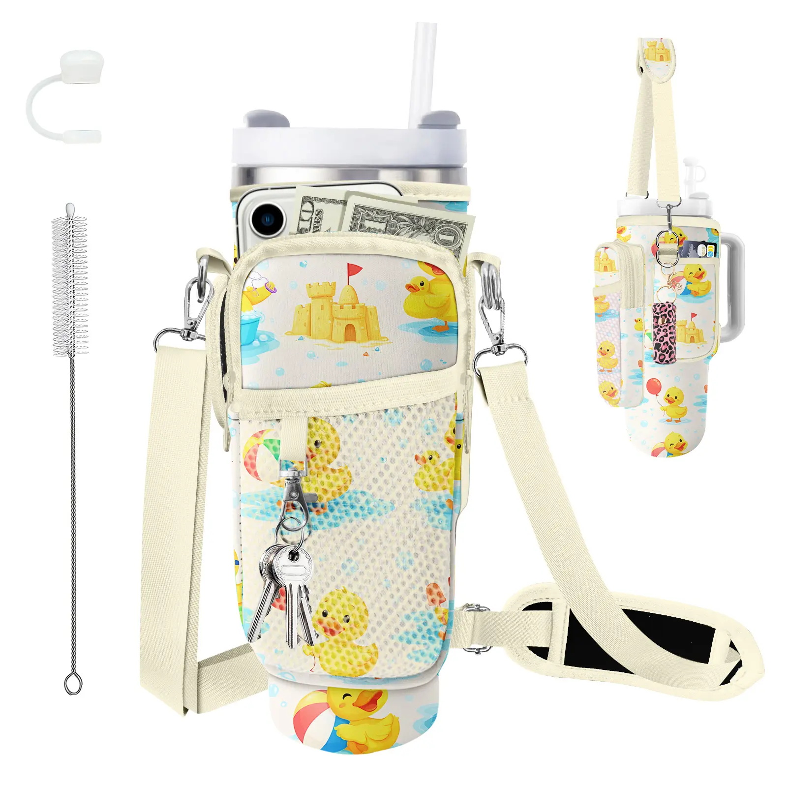 Neoprene Water Bottle Carrier Bag for Stanley Cup 40oz/30oz, Water Bottle Holder with Phone Pocket, Adjustable Shoulder & Handle Strap, Stanley Cup Accessories for Walking Travel,Duck