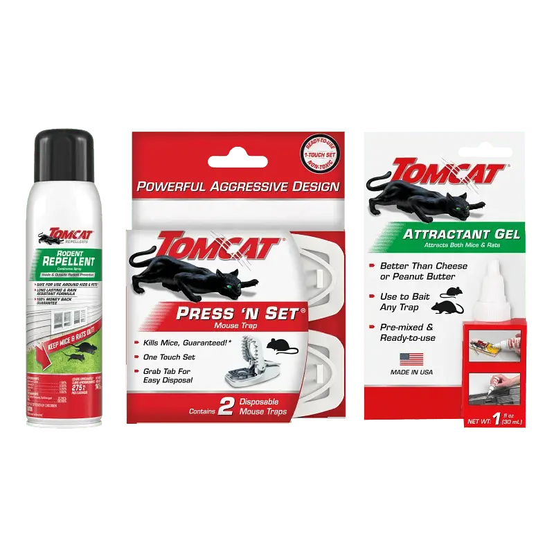 Tomcat Mouse Bundle - Includes 14 oz. Rodent Repellent Continuous Spray, 2-pack Press N Set Mouse Trap, and 1 fl. oz. Attractant Gel