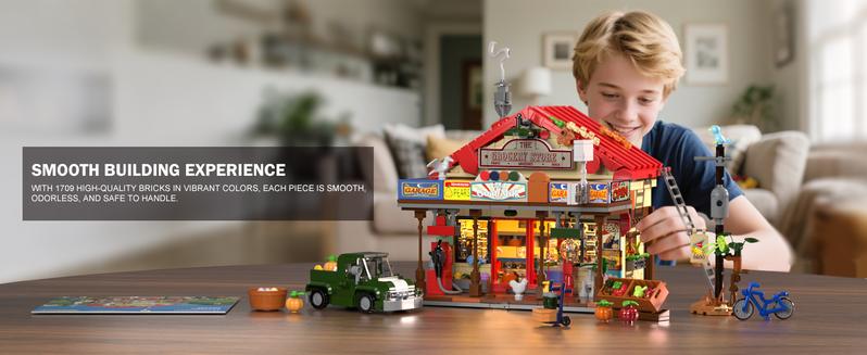 INSOON Country General Store Building Set for Adults with Lights, 1709 PCS Vintage Shop House Construction Building Block Kit, Home Decor Cabin Architecture Model for Women Men Teens Boys Girls 12+