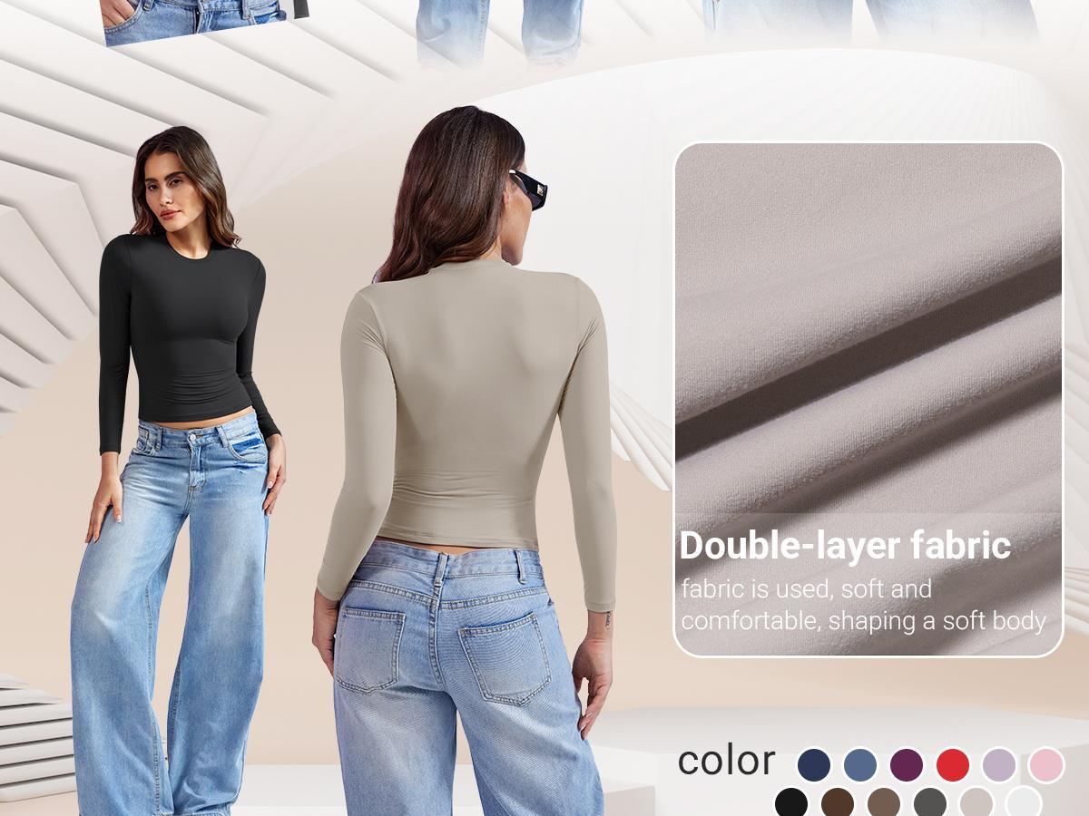 YEOREO Long Sleeve Shirts for Women y2k Tops Double Lined Basic Tee Crew Neck Sweeney Workout Undershirt