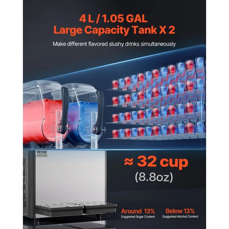 VEVOR Commercial Slushy Machine, TikTokShopBlackFriday, 4Lx2 Double Tank Frozen Drink Machine, 32 Cups Stainless Steel Margarita Smoothie Frozen Drink Maker, Slushie Maker for Home Party Restaurants Cafe Bars