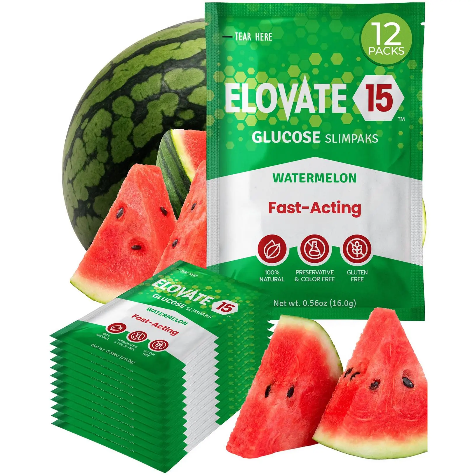 Fast Acting Glucose Powder Packets Watermelon -0.56 Ounce (Pack of 6), Quick Dissolving, 15g Pure, Gluten-Free Glucose Packets | Oral Dextrose Powder for Kids & Adults | Easy-to-Carry Pocket Sized Slimpaks
