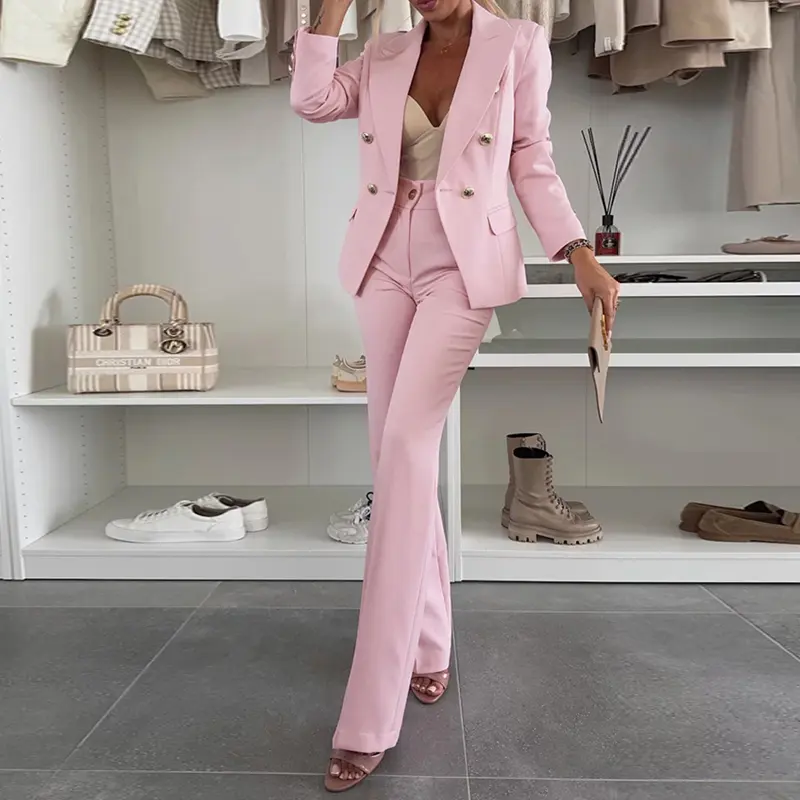 CHICME 2026 Women's 2 Pieces Outfit Notched Collar Double-Breasted Blazer Set with Casual Wedding Guest Slim Fit Flared Work Pants Wedding Set