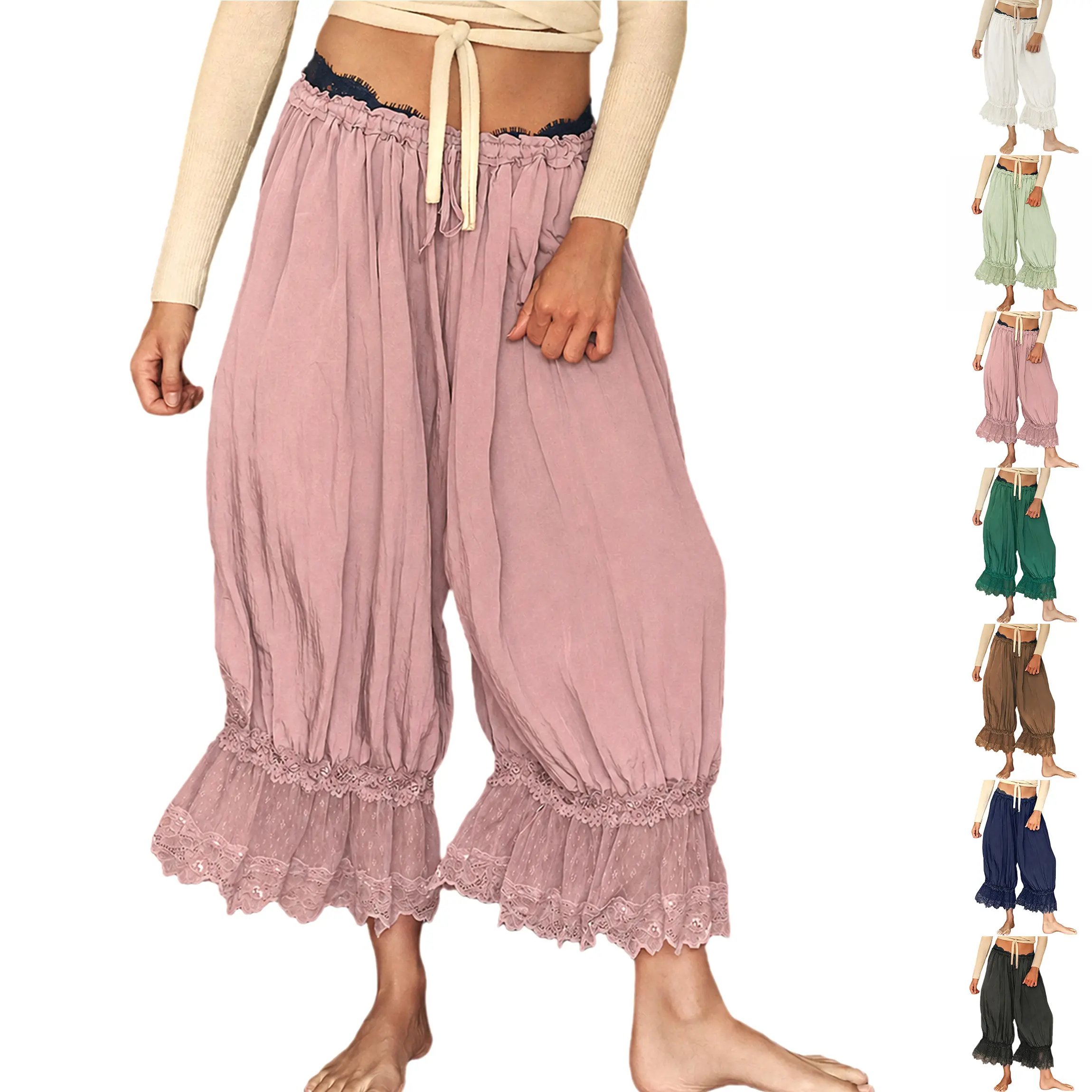 Buenoble Forever Young Lace Bloomers Pants for Women Cropped Boho Loose Fit Crinkled Fabric Fairycore Retro Style