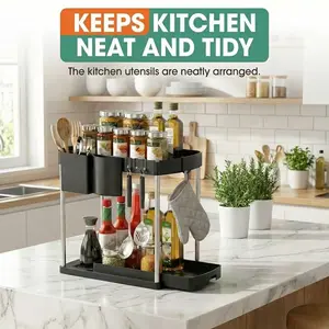 2-Tier Kitchen Organizer Spice Rack & Under Sink Storage  Slide-Out Drawer & Hooks  Multi-use Bathroom Counter Shelf  Black Modern Standing Shelf  Space Saver for Home kitchen organization