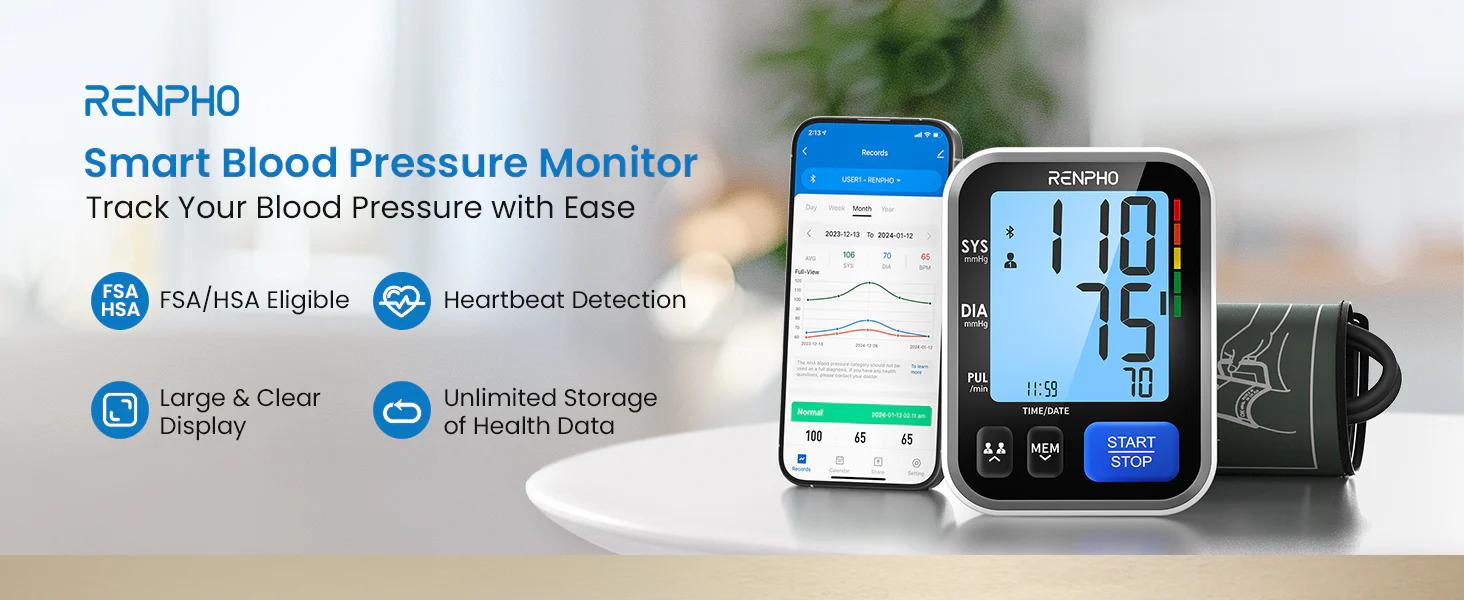 RENPHO Smart Bluetooth Blood Pressure Monitor with Free App Sync, Dual-User Memory and Irregular Heartbeat Alert