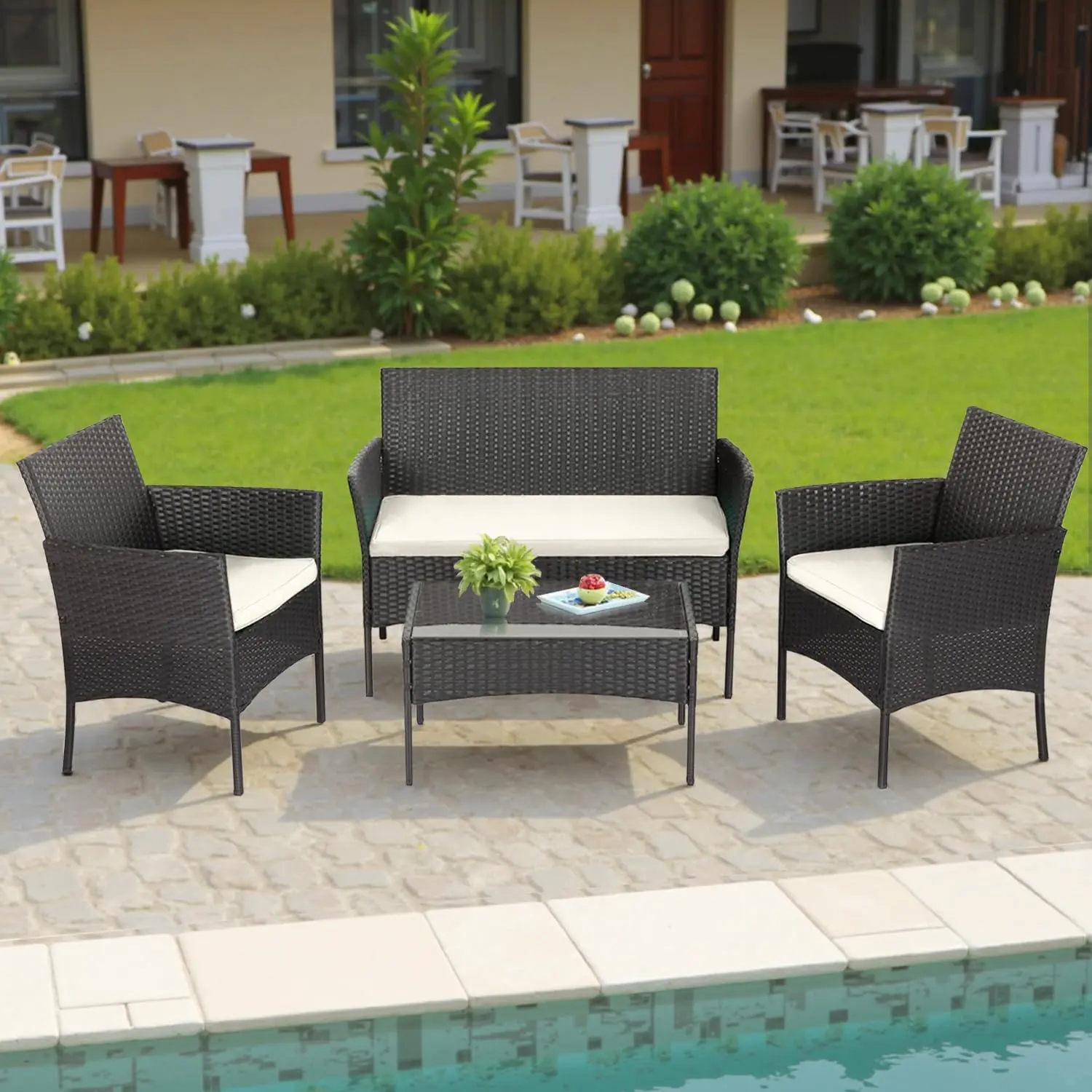 4-Piece Outdoor Furniture Set - All-Weather Wicker Rattan Set with Cushions & Table, Pre-Assembled Backyard Gear for Terrace, Backyard Relaxation