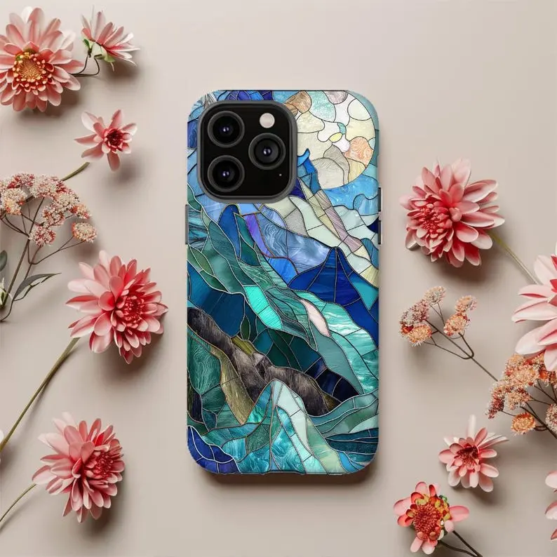 Stained Glass Mountain Phone Case: Modern Art Inspired Protective Cover, Gift for Her Case for IP 11 12 13 14 15 16 17 Pro, Plus, Promax, S21,22,23,24,25 Ultra, Tough Case, Magsafe Case