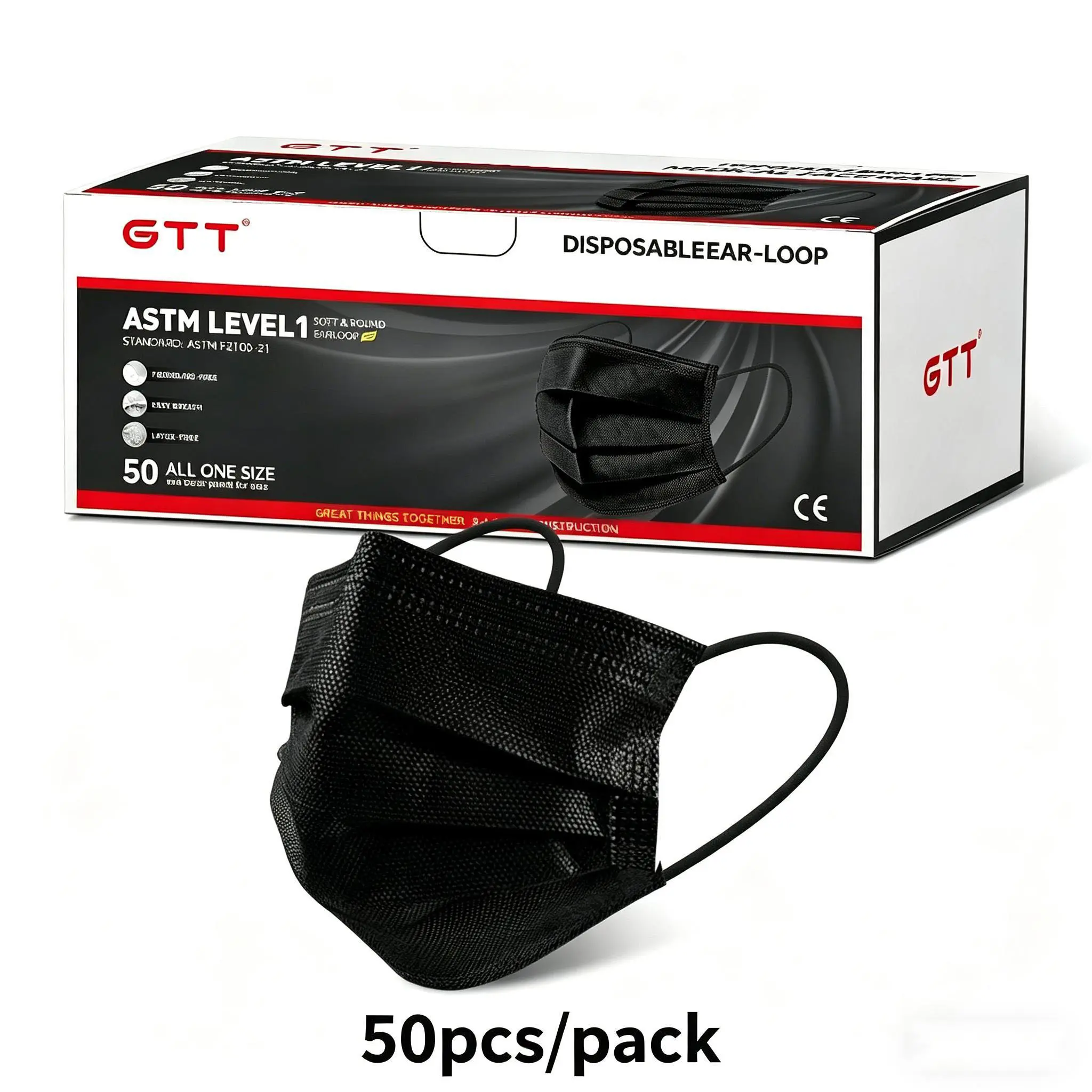 GTT Black ASTM Level 1 Disposable Surgical Protective Masks - 100 Pack (black-50pcs/1pack compatible), 3-Ply Lightweight Earloop Generic Black Masks for Adults, Daily Wear Home Care Dust Covers with Dependable Filtration