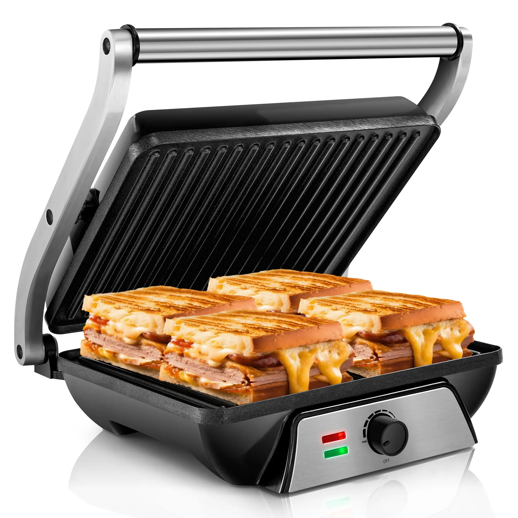 SUSTEAS 3-In-1 180° Open Electric Grill & Fryer Combo with Non Stick Coating Griddle, Compact Tabletop Grill for Sandwiches, Meats, Fast Household Kitchen Meal Prep Tool