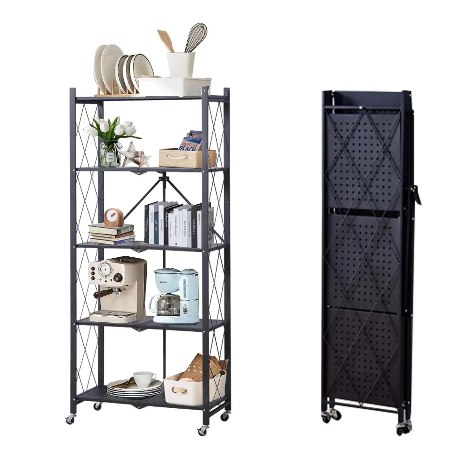 5-Tier Collapsible Metal Storage Shelf No Assembly Required, Heavy Duty 660lbs Capacity Rolling Organizer with Wheels, Foldable Shelving Unit for Garage, Pantry, Kitchen