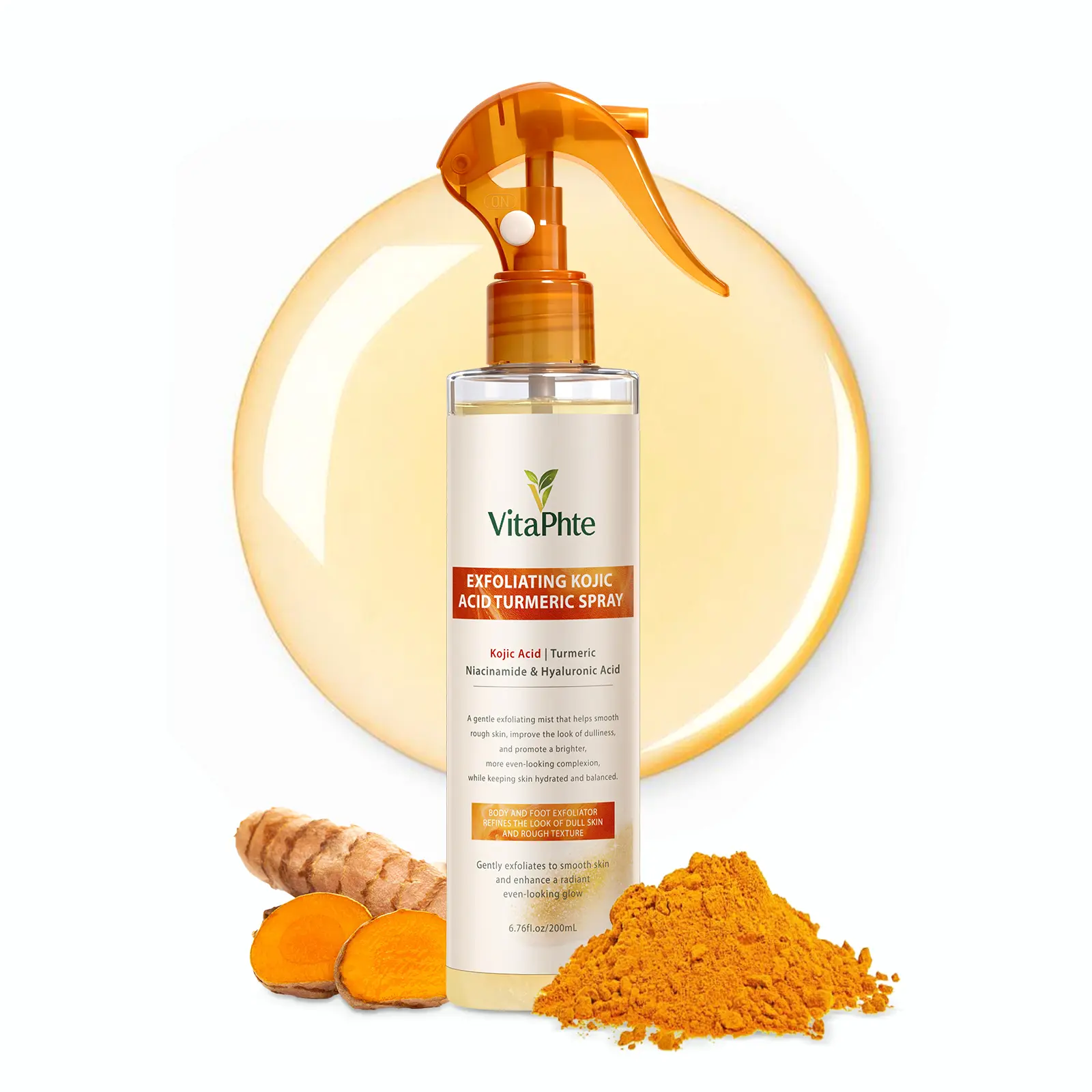 VitaPhyte Exfoliating Kojic Acid & Turmeric Body Care Spray - Foot Peeling Spray with Niacinamide, Hyaluronic Acid, Brightening for Smoother Skin, 6.76 fl oz (200 mL)