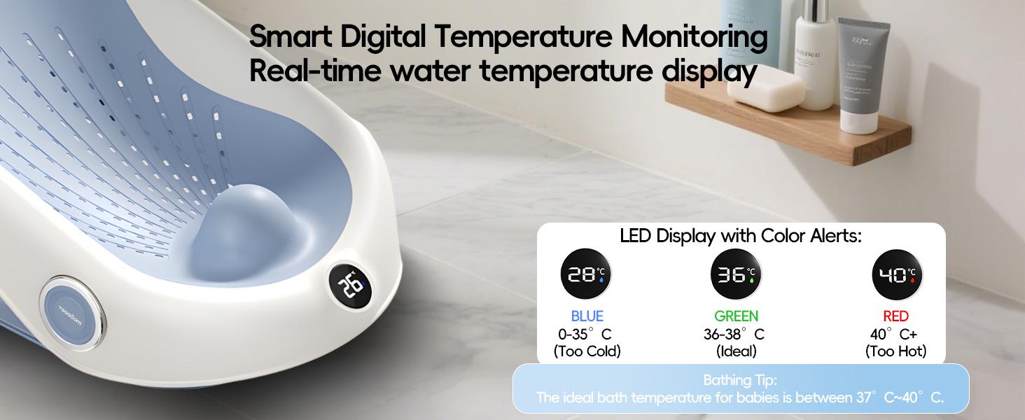 Ultra-Soft Baby Bath Support Newborn Bathtub with Smart Digital Thermometer Adjustable Ergonomic Non-Slip Spine-Support Infant Tubs for Bathtub Sink Bathroom Collapsible with Temperature Sensing Folding portable collapsable Baby Bath Tub Waterfall