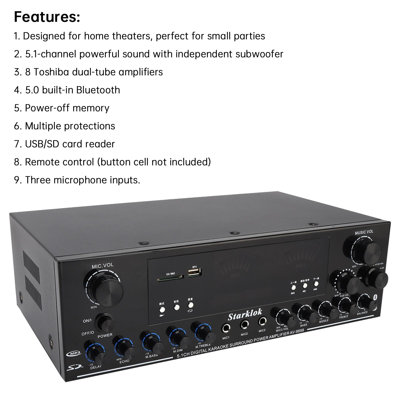 Areyourshop Power Amplifier EQ Bluetooth 5.0 Stereo Amplifier with Remote Control Support USB Disk SD Card for Home Cinema Party