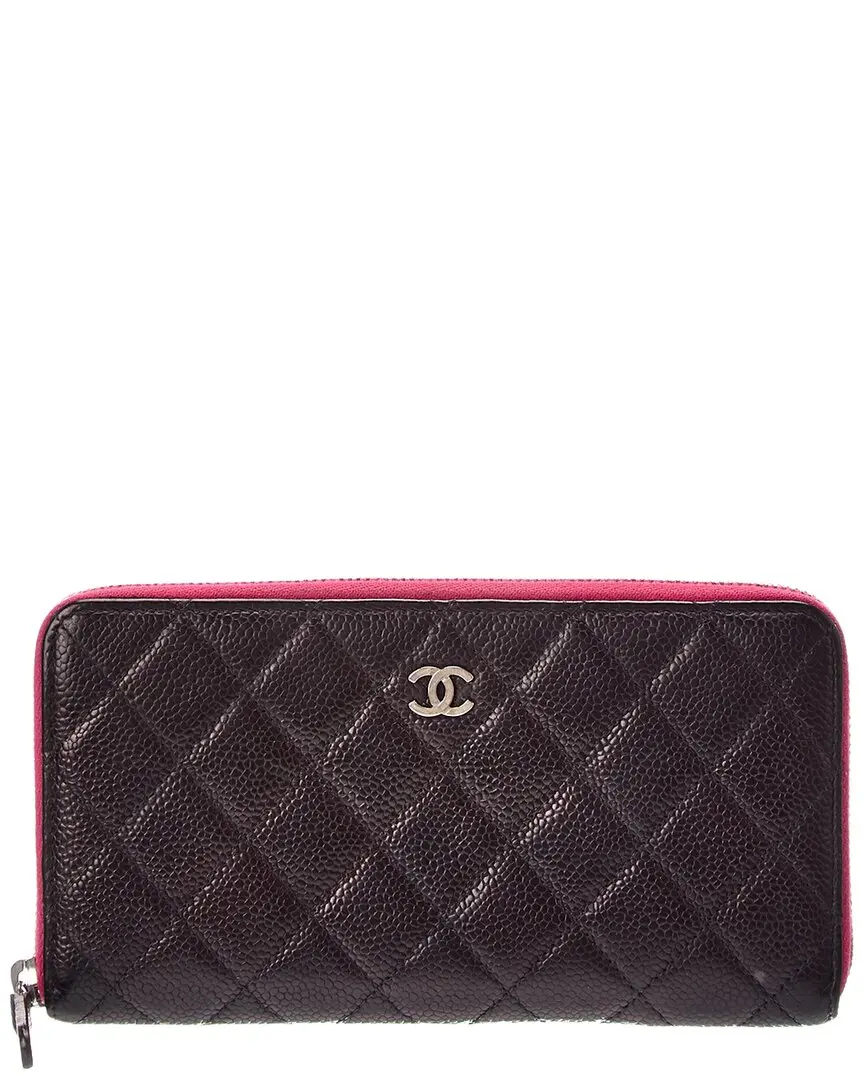 Chanel Black Pink Quilted Caviar Leather Large Gusset Zip Around Wallet (Authentic Pre-Loved)