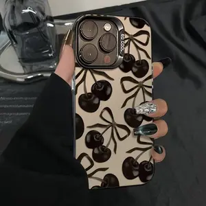 Luxury Black Cherry Graphic Phone Case for iPhone 17 Pro Max/16/15, High-End Aesthetic Trendy Unique Design, Shockproof Anti-Scratch Slim Fit Protective Cover, Premium Glossy Black Cute Cherry Print Case for Women Girls