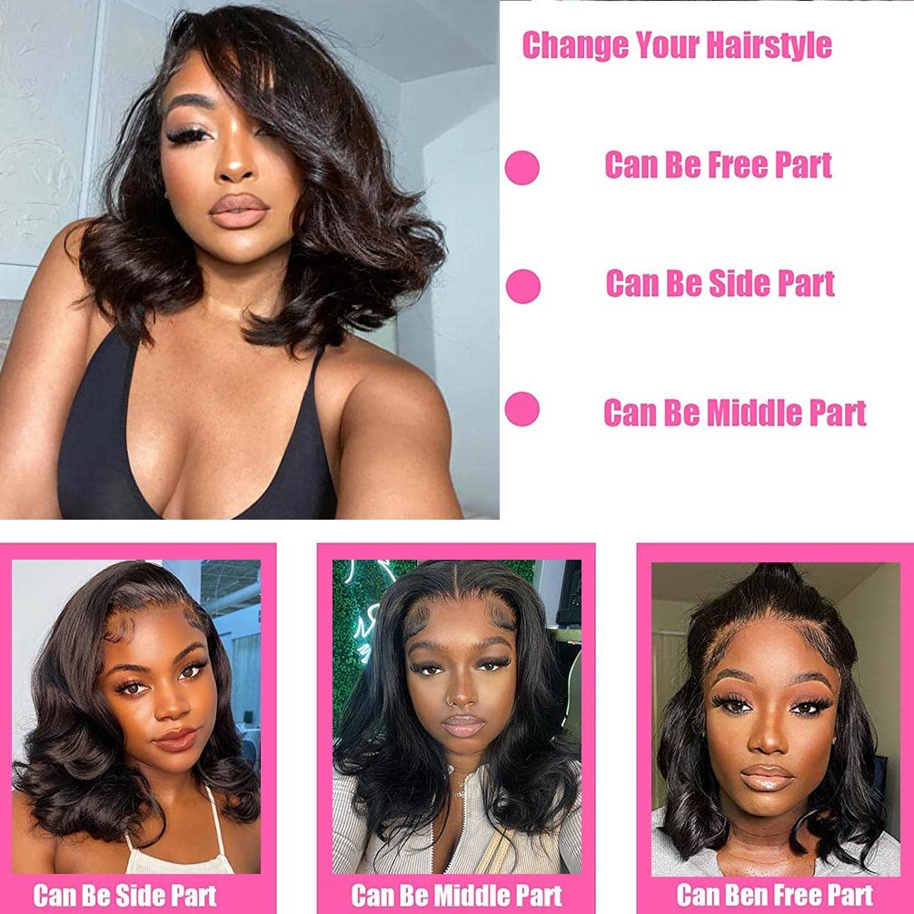 16 Inch Loose Body Wave Bob Wig Human Hair 13x4 HD Lace Frontal Pre-Bleached Knots Natural Hairline 180% Density Glueless Bob Wigs for Black Women