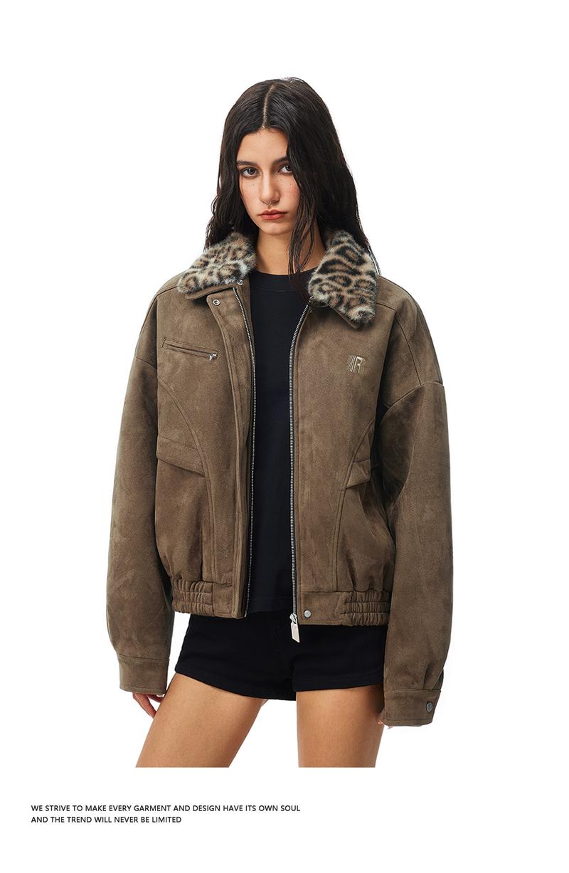 Barn Jacket with Detachable Leopard Collar FDR Unisex Plain Casual Minimalist Loose Fit Women's Coat Pu Patchwork Trendy Outerwear for Daily Wear Heavyweight Zipper Short Tops Womenswear #valentinesday #tiktokshopjumpstartsale #valentinesdaygift