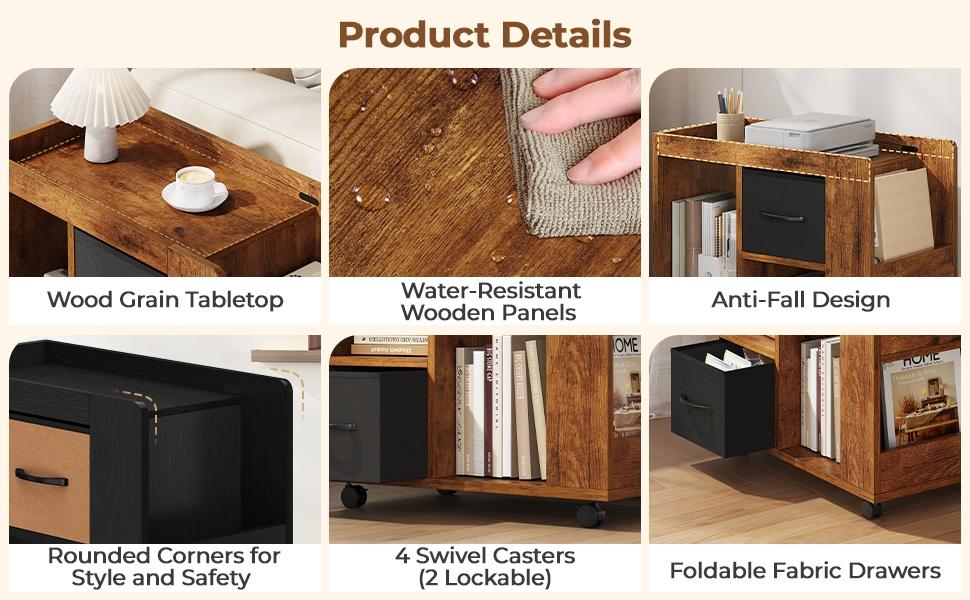 Yaheetech Rolling End Table with Storage, Foldable Fabric Drawers & Magazine Racks, Multi-Storage Wooden Side Table with Wheels for Living Room & Home Office