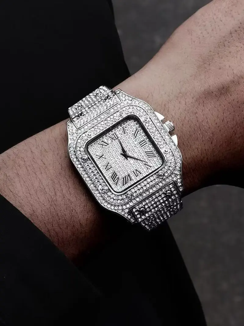 Men's Casual Fashion Quartz Watch, Square Rhinestone Decorated Alloy Case Wristwatch, Classic Simple Fashion Street Style For All Seasons, Black Friday Deal Watch Suitable For Casual Business Wear, Square Dial Wristwatch, Birthday Christmas Gift