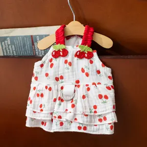 Pet Clothes Dog Cat Dress Sleeveless Cherry Pattern Cute Sweet Lady Costume Causal Breathable With Leash Ring D00066