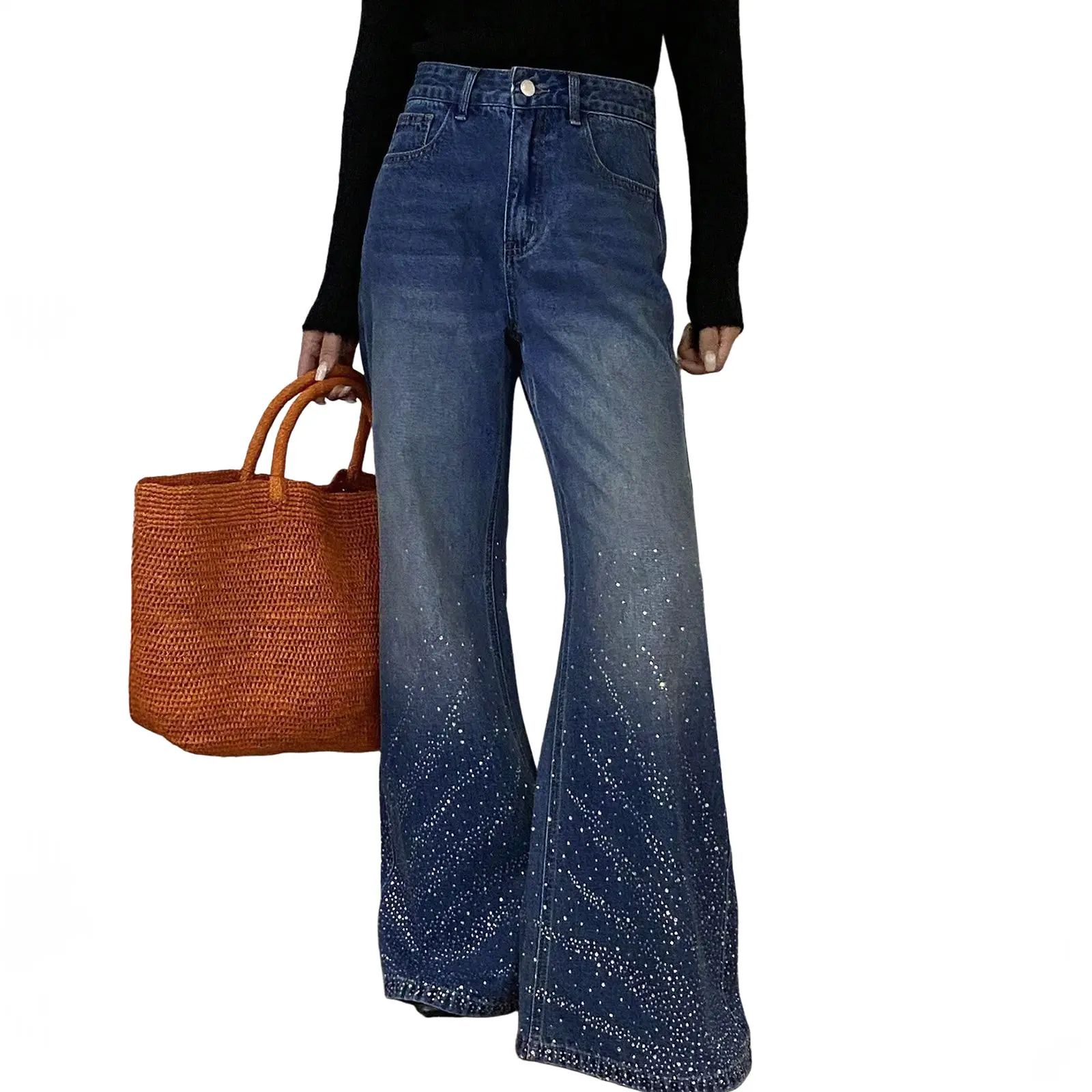 Dokotoo Womens 2026 Jeans Casual Natural Baggy Flare Leg Full-length  Rhinestone-Embellished Gradient Denim Pants