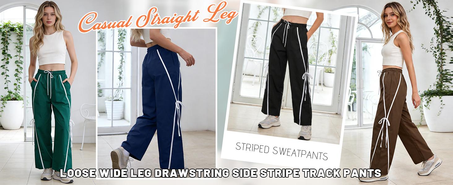 Showyg Women's Vintage High-Waist Wide-Leg Baggy Sweatpants, Loose Side Stripes Bow Tie Detail Casual Streetwear Bottoms