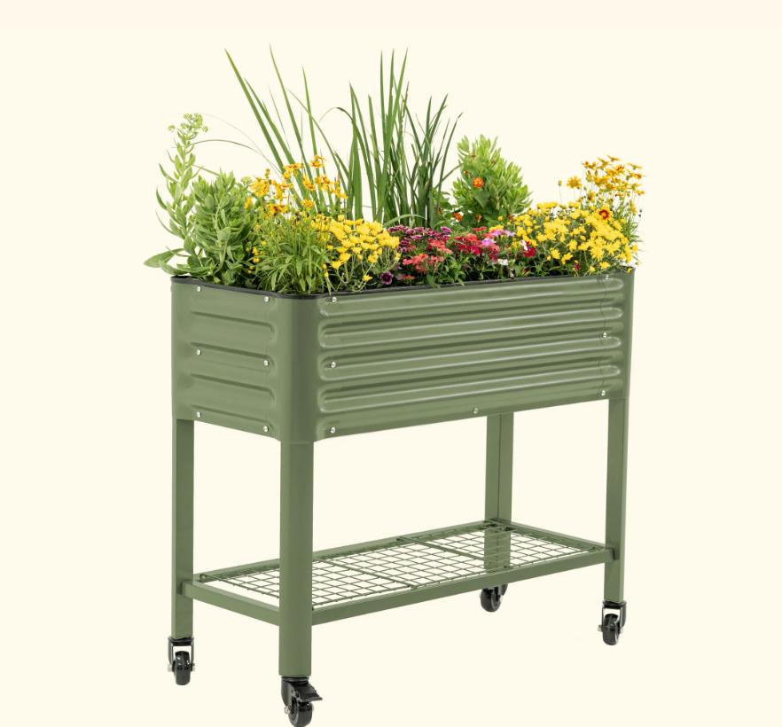 Vego Garden Rolling Elevated Raised Garden Bed V Series with Lockable Wheels & Storage Rack for Patio Porch 700 Lbs Capacity Outdoor Planter Box for Vegetables Flowers Herbs Heavy Duty Olive Green