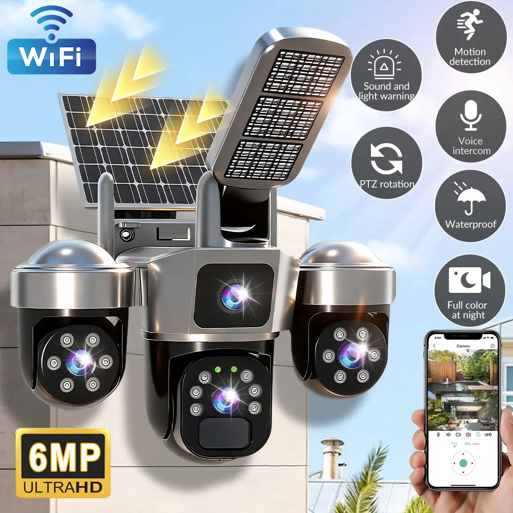 1080P Solar WiFi Security Camera with Spotlight HD Clear Picture PlR Motion Detection Color Night Vision Waterproof Black Security wireless Camera Dual lenses no dead ends Automatic Tracking
