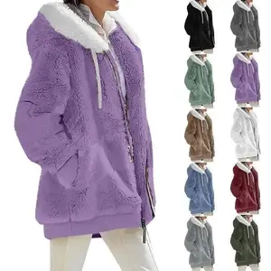 Popular Autumn and Winter Loose Plush Long Sleeve Zipper Pocket Hooded Warm Jacket Women
