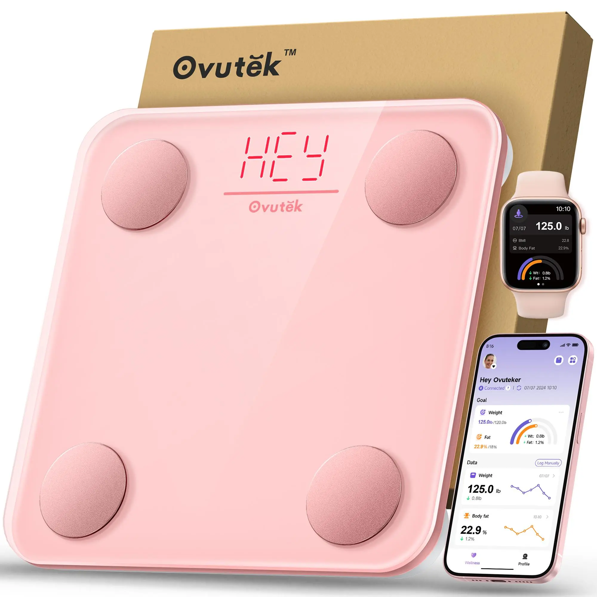 Ovutek Pink Smart Scale for Body Weight, Digital Bathroom Scale BMI Weighing Body Fat Scale, Accurate Body Composition Scale Monitor for People's Health with Smartphone App, Compact Size, 400lb Healthcare Fit