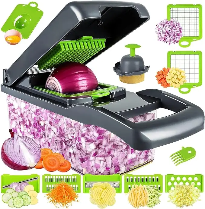 Vegetable/Pro Onion Chopper, Multifunctional 13 in 1 Food Chopper, Kitchen Vegetable Slicer Dicer Cutter With 8 Blades,Veggie, Carrot and Garlic Chopper With Container (Gray)