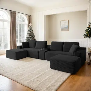 Eyisean U Shaped/L Shaped Corduroy Cloud Boneless Sofa Couch with Cup Holder & Storage, 125"/111" Modern Modular Sectional Sofa with Deep Seat, USB Ports, No Assembly Required, Comfy Couches for Living Room, Apartment