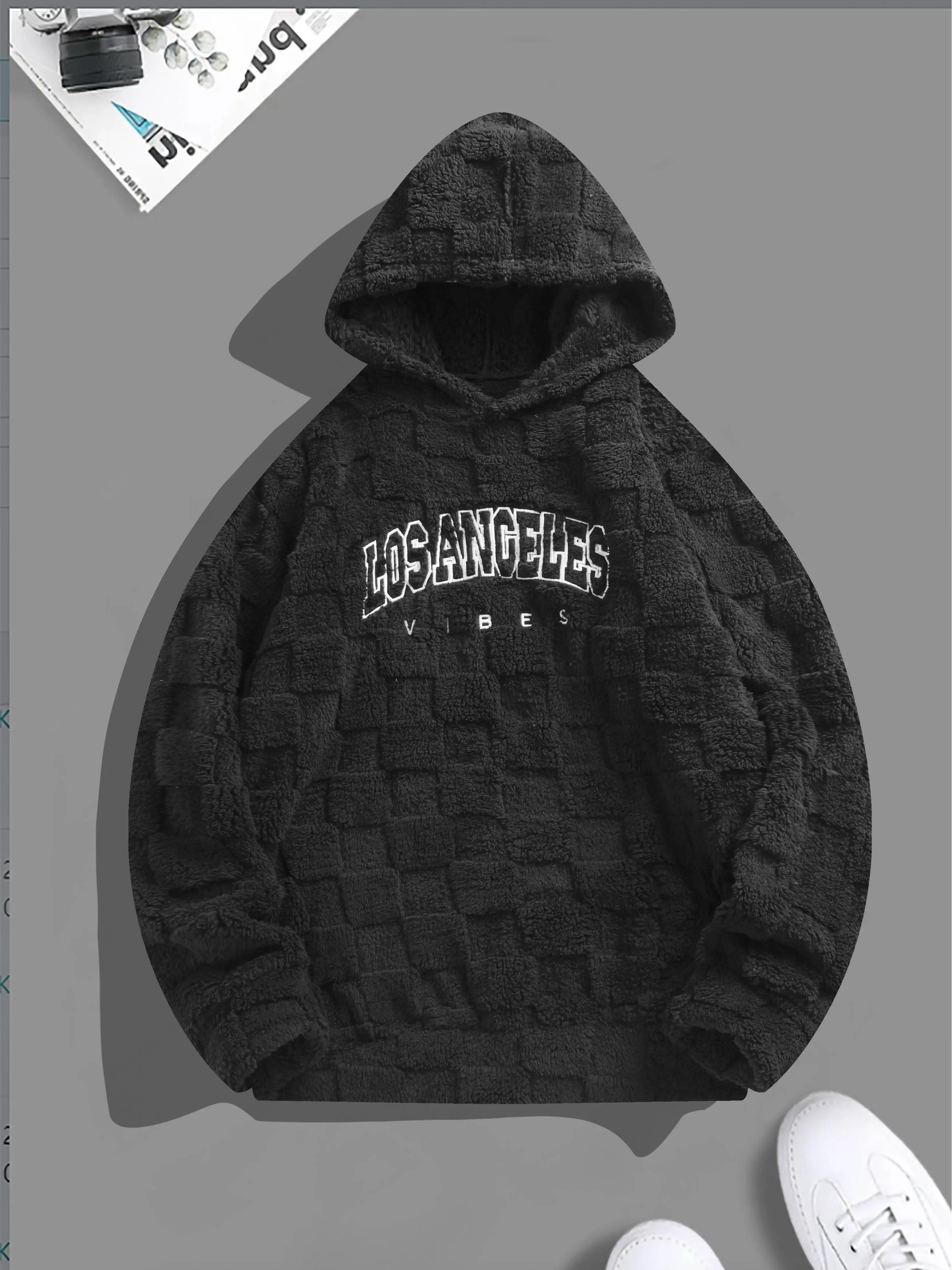 Men's Embroidered Hoodie, Loose-Fit Streetwear Pullover in Grid Fleece and Soft Stretch Nylon with a Suede Texture, Menswear, Tops, Long Sleeve, Clothing, Sweatshirt, Fabric, Everyday Mesh Casual Unisex, Unisex Streetwear, Embroidery, Jumper,Ultra Soft