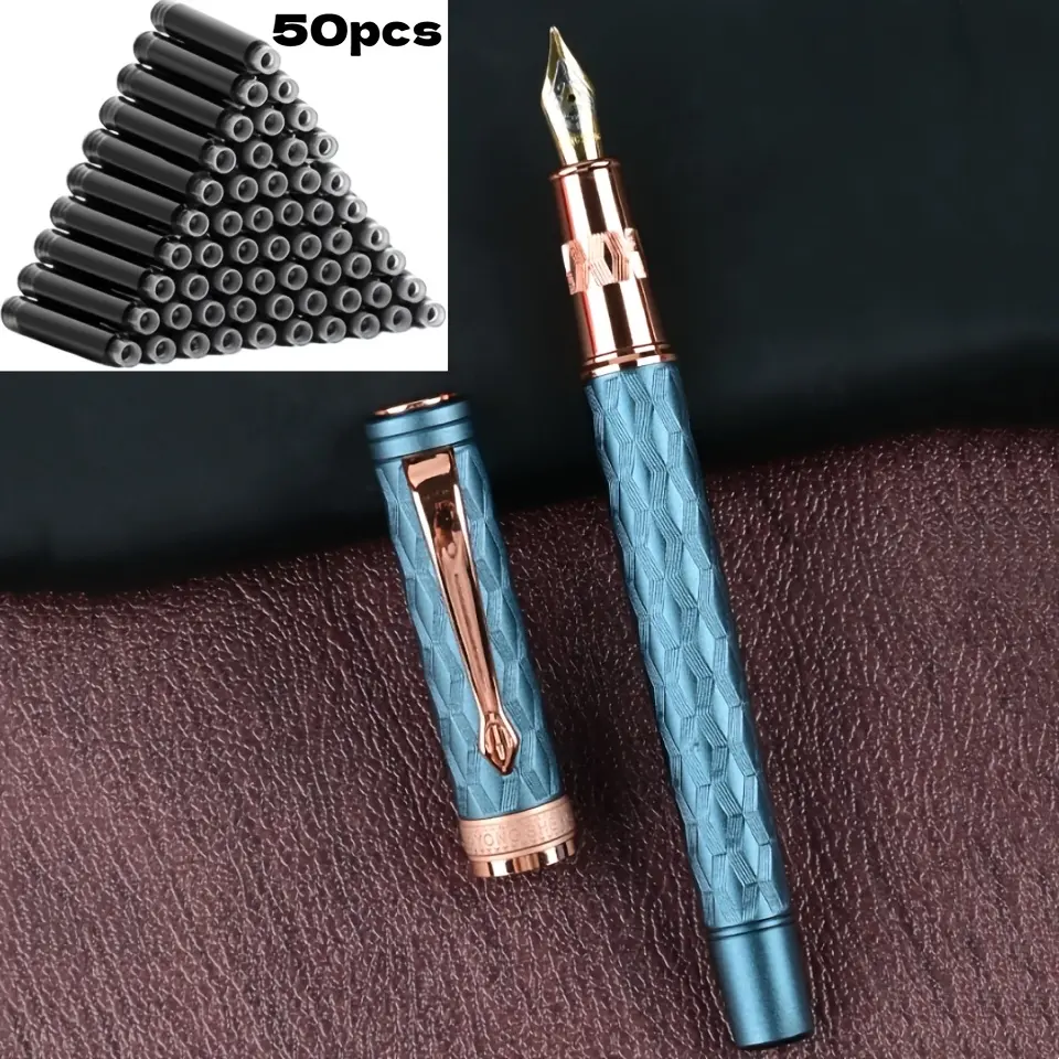 51-Piece Fountain Pen Set, 1 Fountain Pen + 50 Ink Cartridges, 0.5mm Hand-Polished Tip, High-End Craftsmanship, Stainless Steel Barrel, Gold-Plated Clip, Electroplated Finish, Engraved Design, Office Stationery for Students, Holiday Gifts, Engraved Barrel