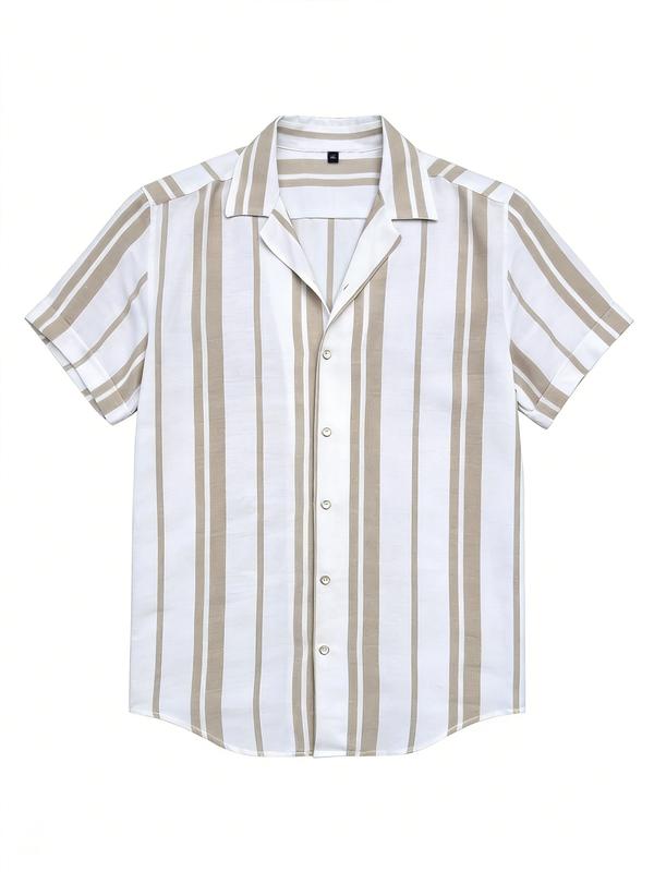 Men’s Lightweight Short-Sleeve Summer Shirt with Turn-Down Collar, Trendy Casual Striped Vacation Beach Fashion Shirt