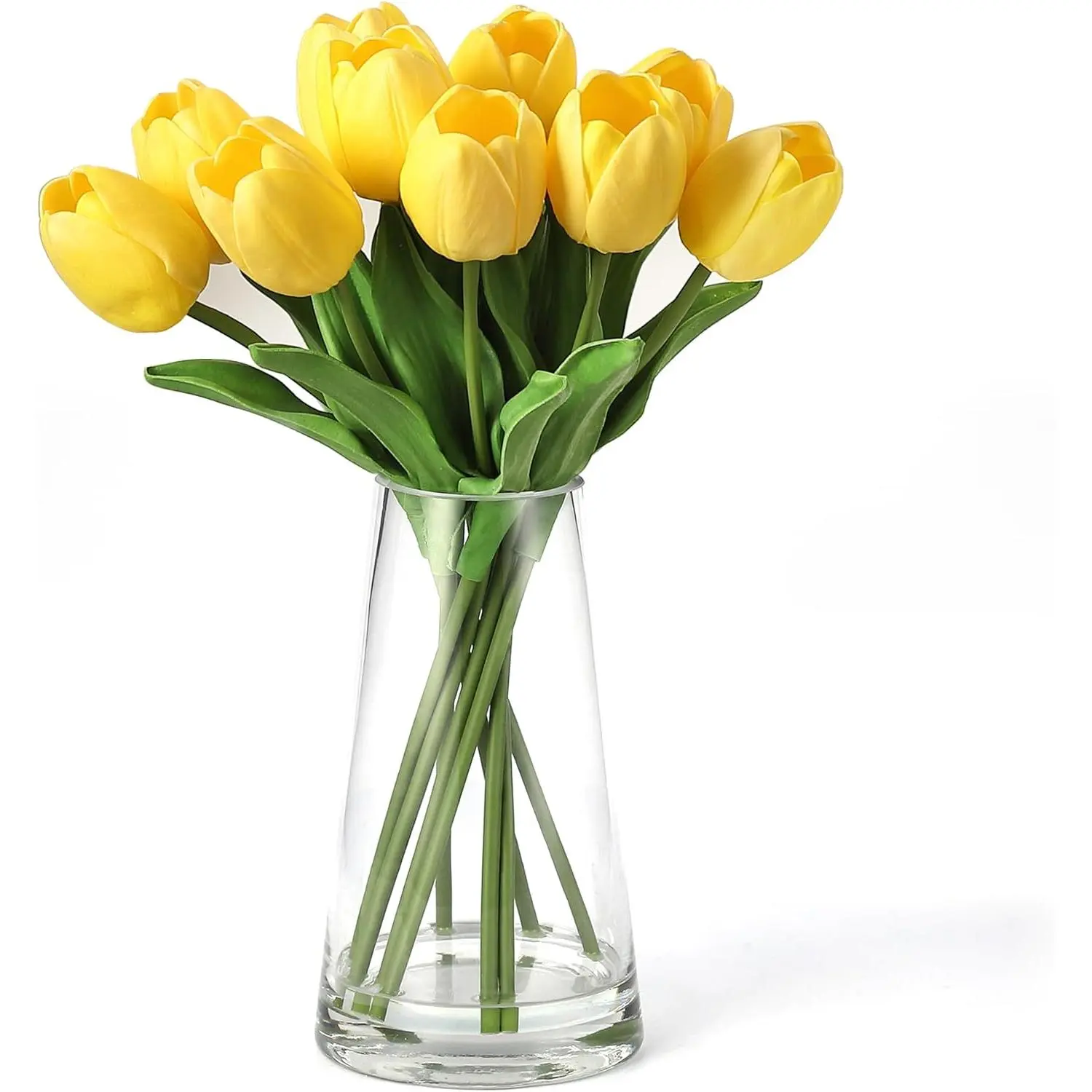 Premium Artificial Tulks - 10 Stems Realistic Faux Silk Tulips Flowers with Bendable Stems and Glass Vase, Ready-to-Display Home Décor,Yellow