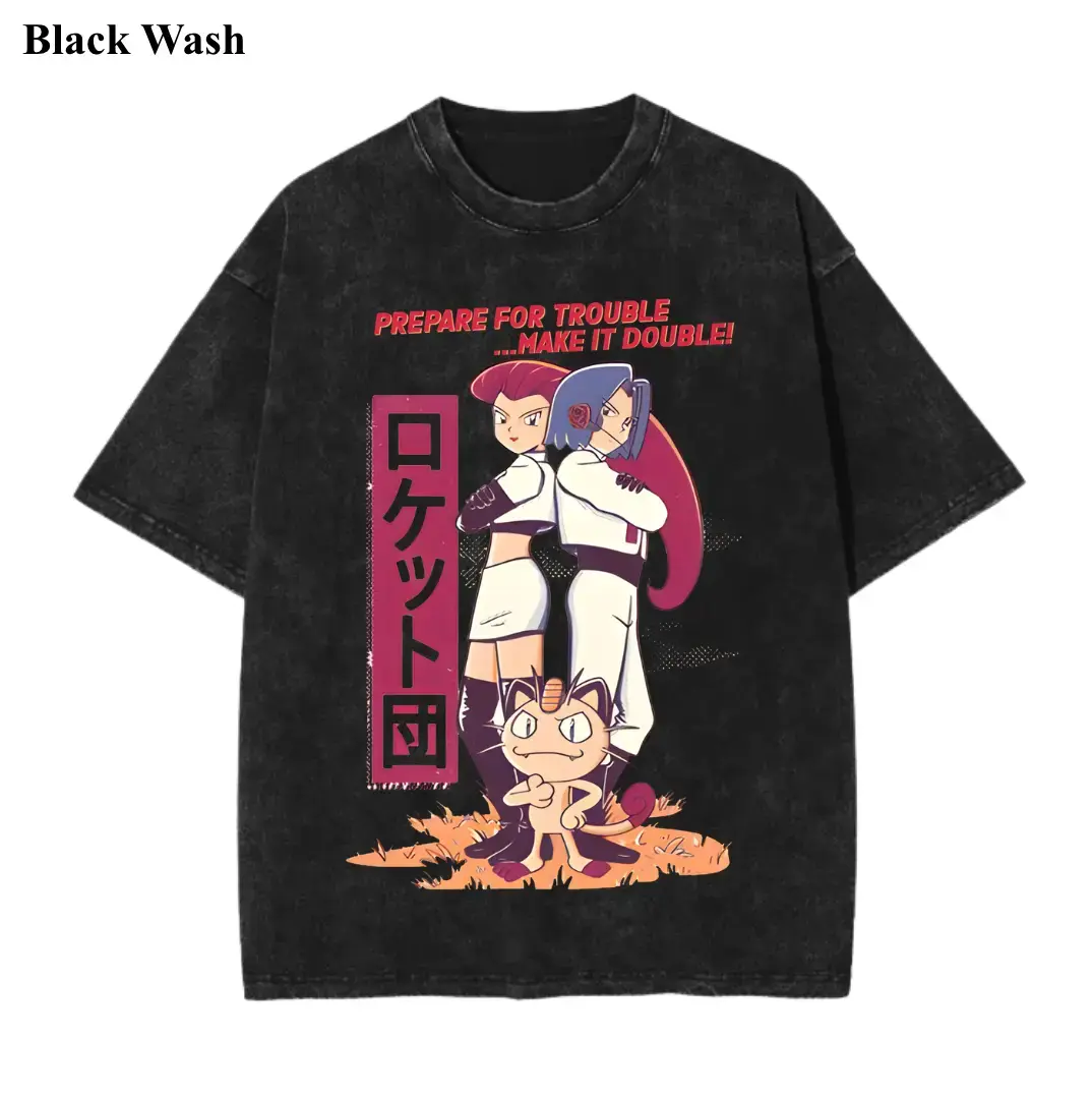 Vintage Black Wash Team Rocket Graphic Tee | Y2K Retro Anime Streetwear Oversized T-Shirt | 90s Nostalgia Top