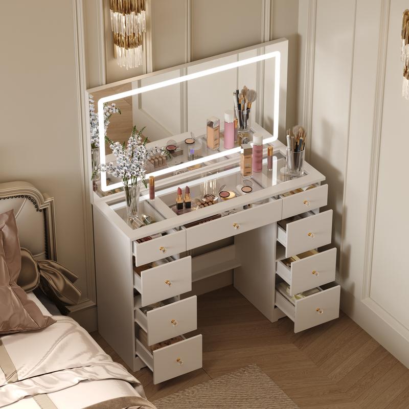 FUFU&GAGA Crystal Handle Makeup Vanity Glass Tabletop with Large Lighted Mirror, with 11 Drawers, Touch Control 3 Color Modes & Adjustable Brightness LED Strip Dressing Table