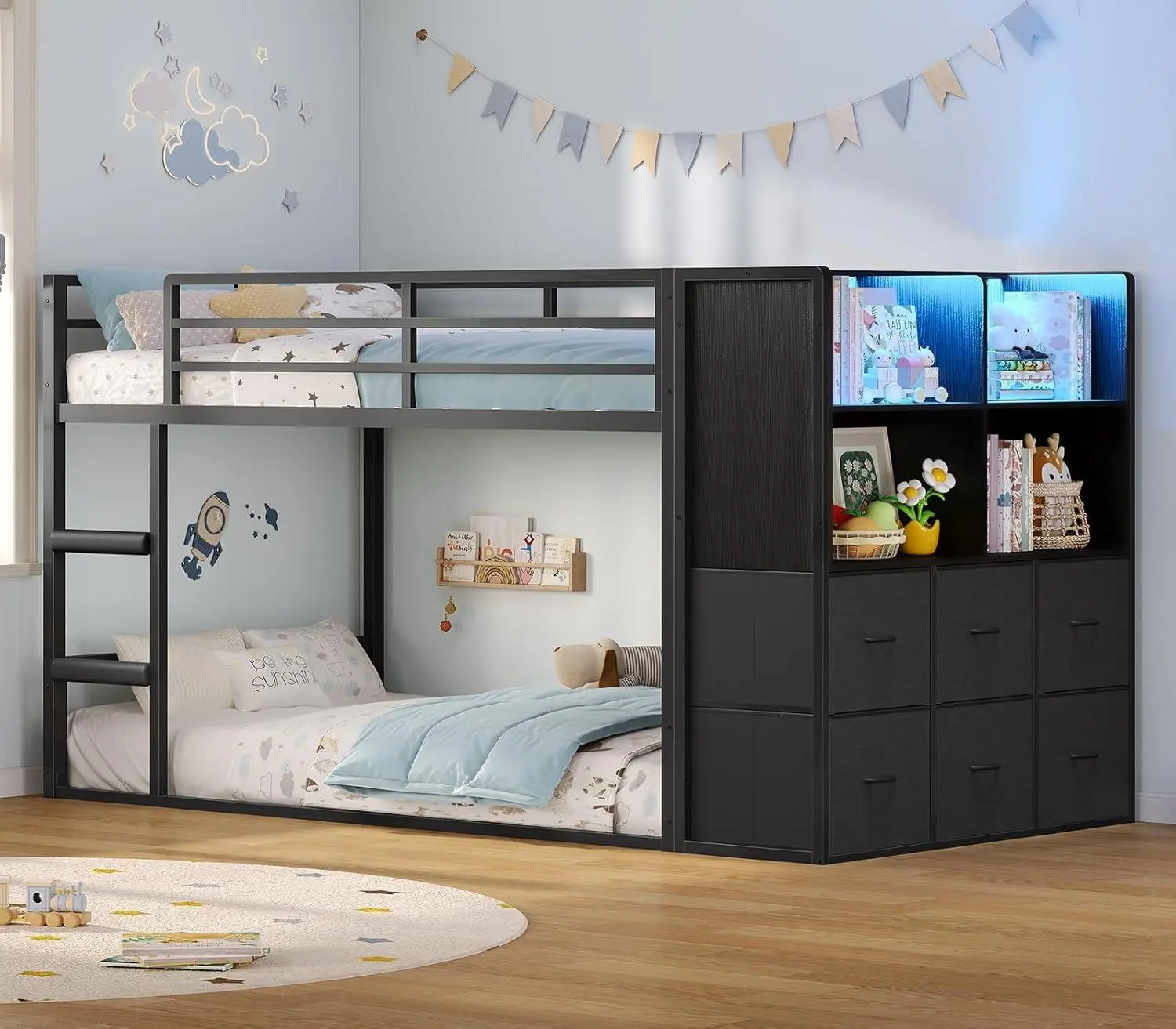 SIKAIC Modern Alloy Steel Twin Over Twin Loft Bed Frame - Metal Bed Unit, Storage Drawers, Light-Up LED Lights, Open Shelves with Compartments, Safety Ladder, Guardrails, Assembly Required