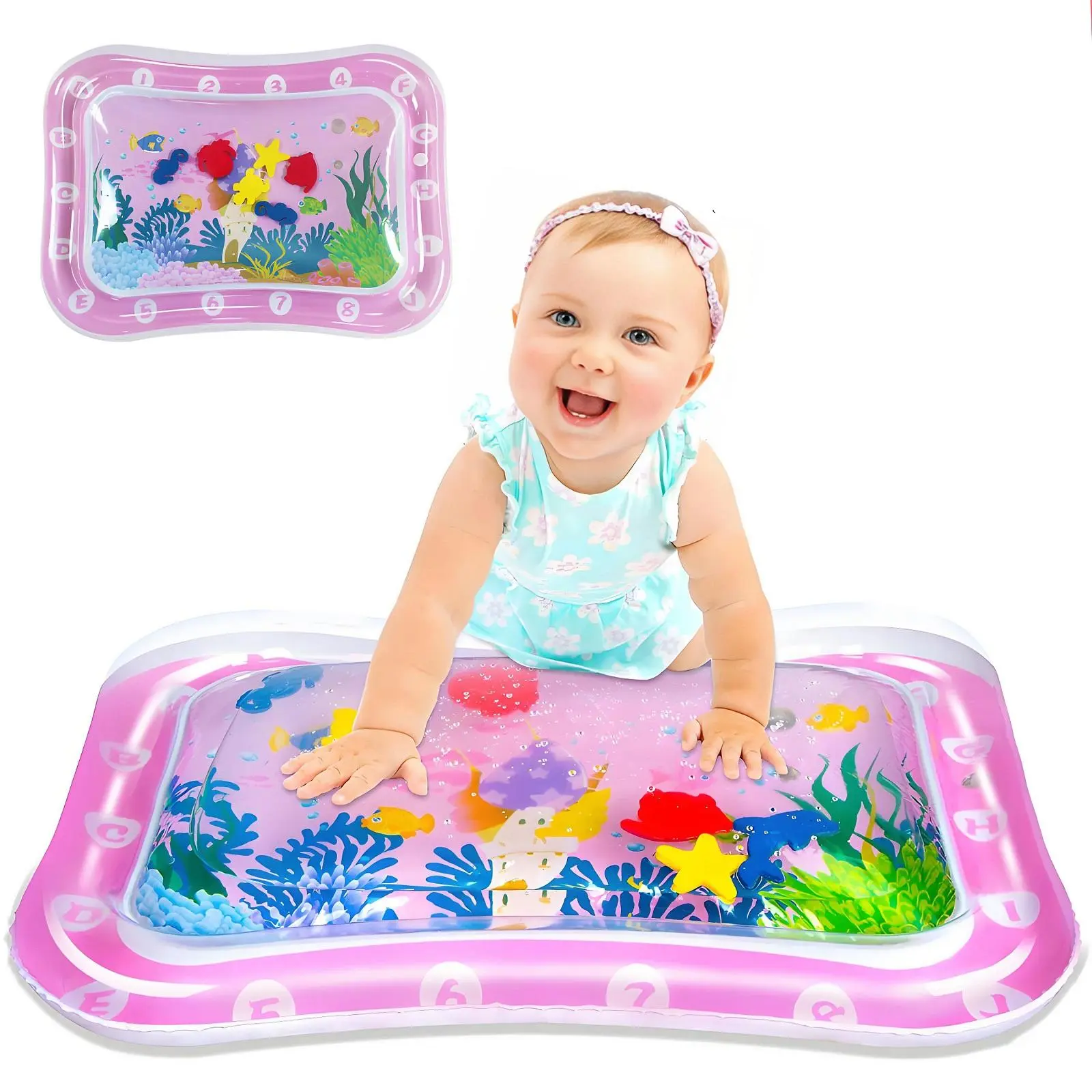 Inflatable Play Mat for Baby Toys (3-12 Months and Up) - Lightweight Air-Filled Edge, Leakproof Waterproof PVC Frame, Bright Ocean Patterns Sensory Mat, Holiday Shower Gift