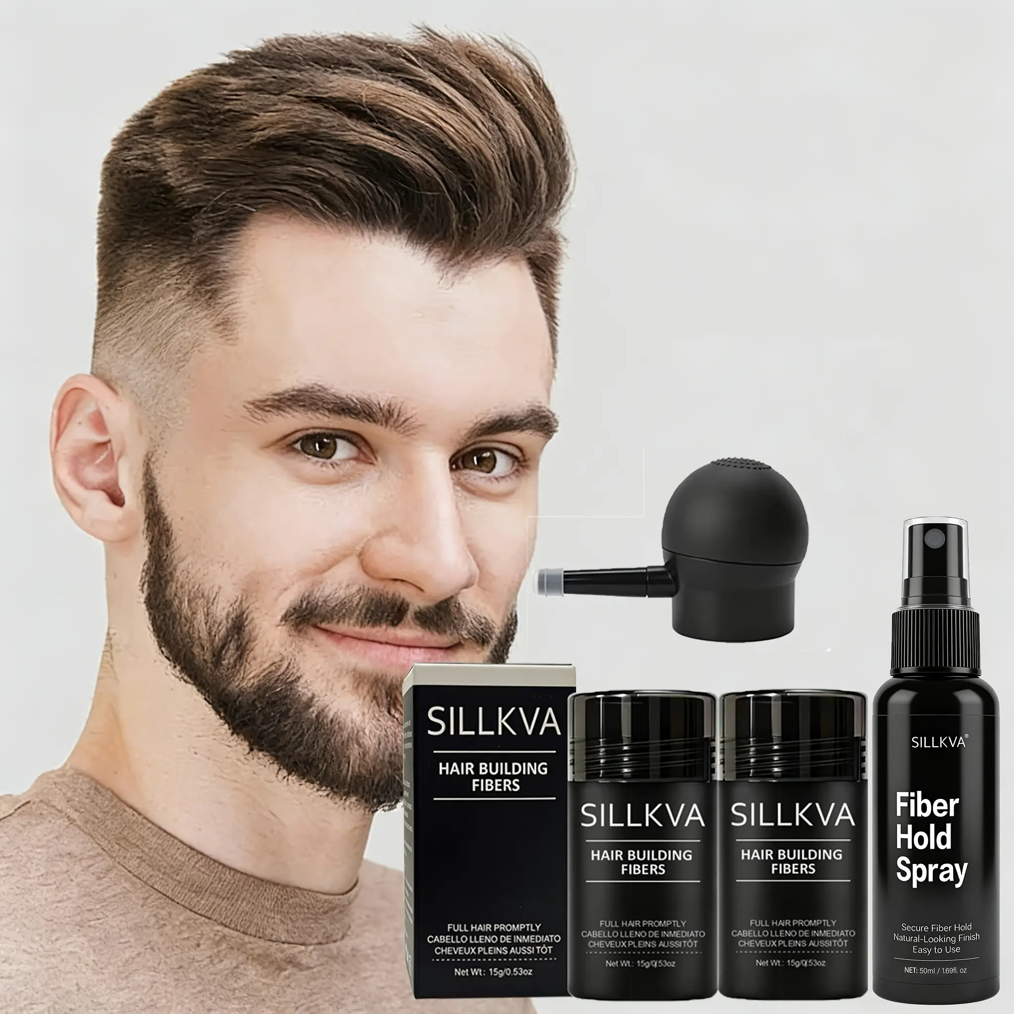 SILLKVA 3-in-1 Hair Fiber Kit – Instant Natural Hairline Coverage with 2×15g Hair Building Fibers, Holding Spray & Precision Applicator, Waterproof & Sweatproof Fuller Hair for Men & Women