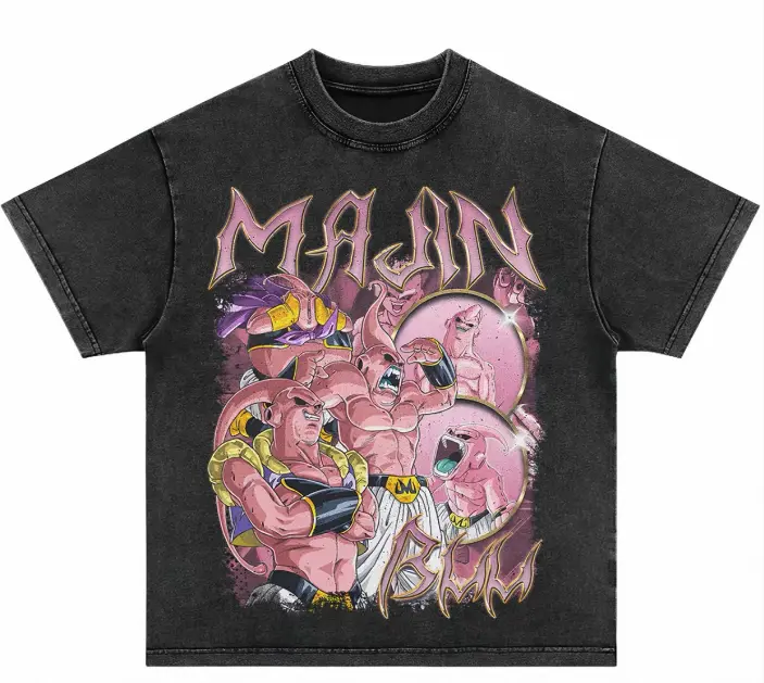 Men's Majin Buu Graphic Tee - Vintage Washed Heavyweight Cotton Fabric, Classic Menswear Oversized Casual Streetwear Top with Ribbed Neck for Day Wear, Combed Cotton, All Seasons