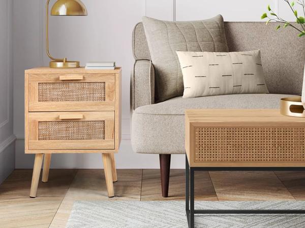 VOWNER  2PCS Rattan Nightstand, End Table with 2 Drawers and Solid Wood Legs, Side Table with Storage for Bedroom, Easy Assembly Night Stand for Kids Room