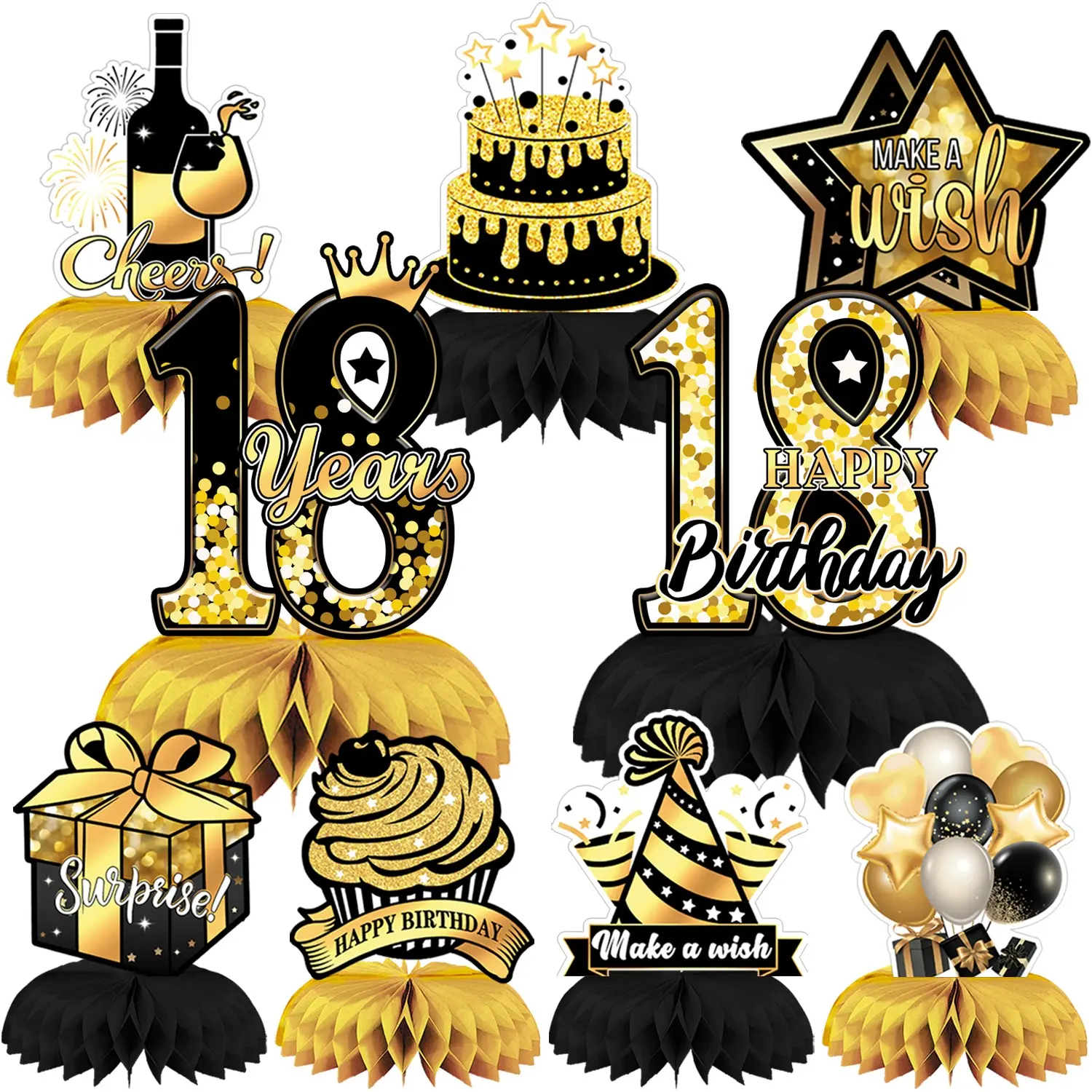 9 Pcs 3D Black Gold 18th Birthday Centerpiece Decorations Table Decor for Party Cheers to 18 Years Celebration Supplies