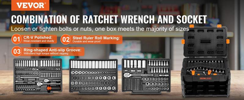 VEVOR Mechanics Tool Set and Socket Set,  Various specifications, 1/4" 3/8" 1/2 Drive Deep and Standard Sockets, 145/205/450 Pcs SAE and Metric Mechanic Tool Kit with Bits, Combination Wrench, Hex Wrenches, Accessories, Storage Case