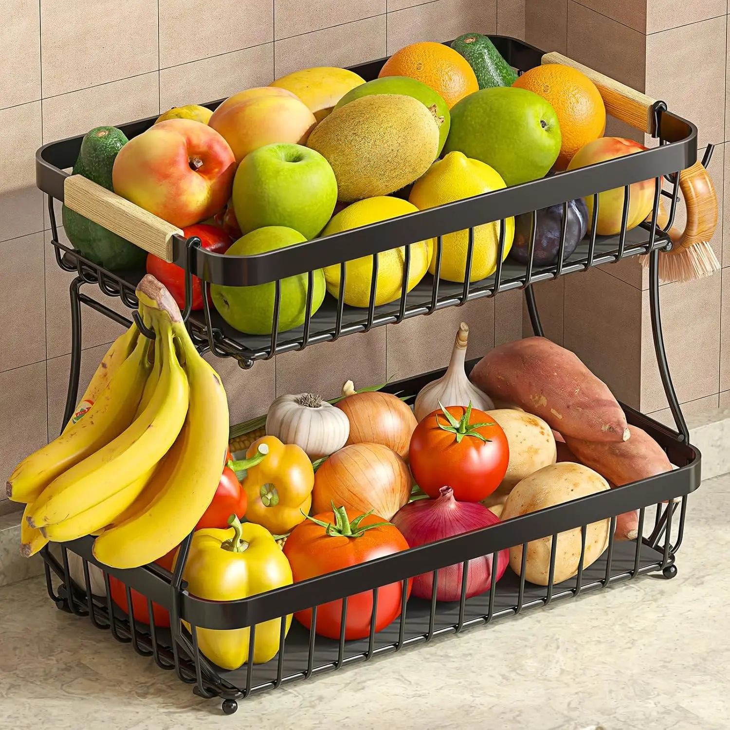 2-Tier Fruit Basket with Banana Hangers – Large Metal Fruit Bowl Stand, Detachable Countertop Fruit Organizer with Wooden Handle, Bread Basket for Kitchen, Vegetable & Snack Storage, Protective Feet Mats Included