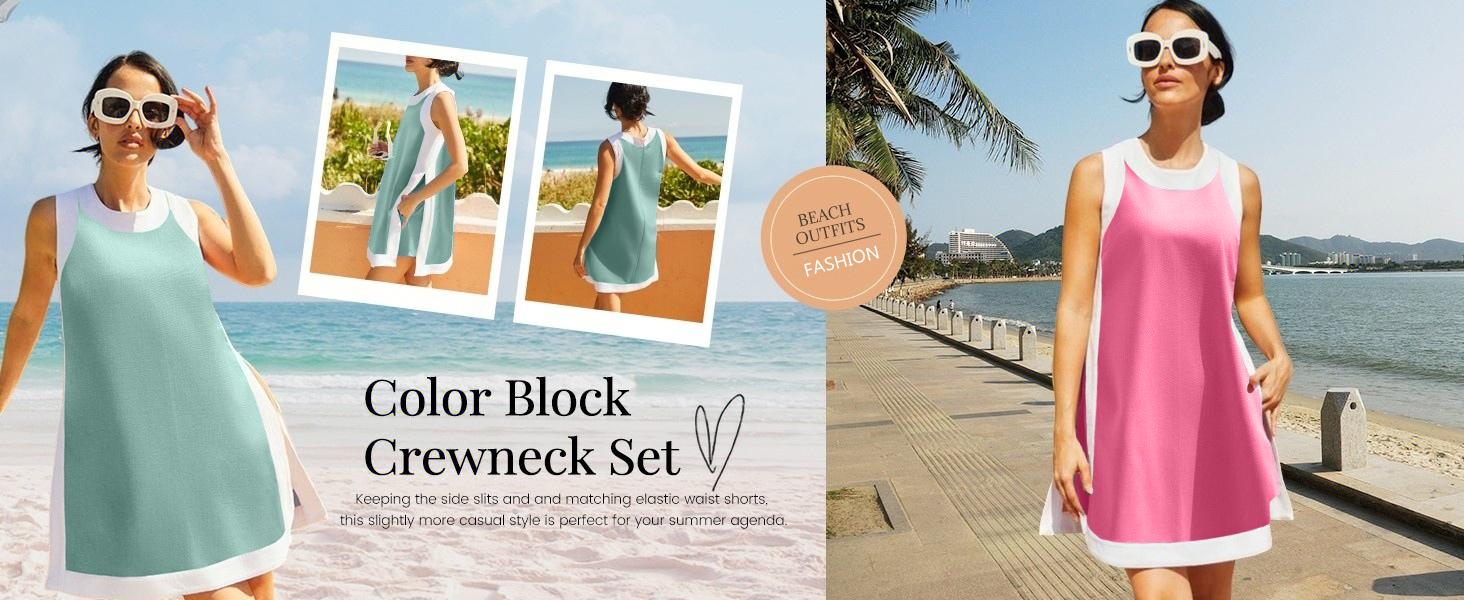 SCUSTY Women's Casual Two Piece Sets Color Block Crewneck Sleeveless Pullover Tops Matching Shorts With Pockets