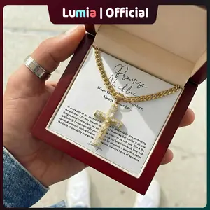 Promise Necklace For Him, Boyfriend Gift, Anniversary Gift For Him, Gift For Husband, Boyfriend Birthday Gift,Solid Wood Gift Box with LED Light & Card | For Expressing Love , Gold Plated Cross Pendant Necklace