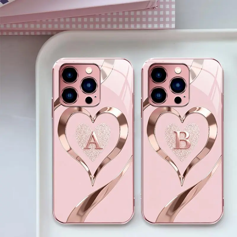 Suitable for [iPhone 13 Pro ] Luxury Rose Gold Heart Monogram Phone Case | Personalized A-Z Initial Electroplated Glossy Glass Protective Cover | Shockproof Drop Protection, Anti-Scratch & Anti-Fingerprint | Cute Gift for Her -JS996